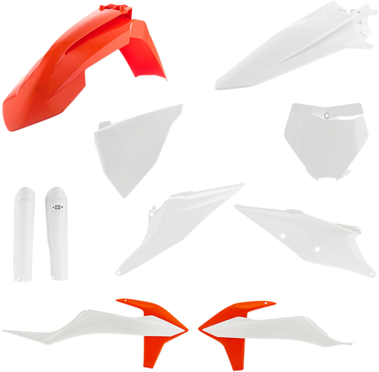 Acerbis full replacement body kit in orange and white for OEM 2019 motorcycle, featuring sleek design and durable plastic construction.
