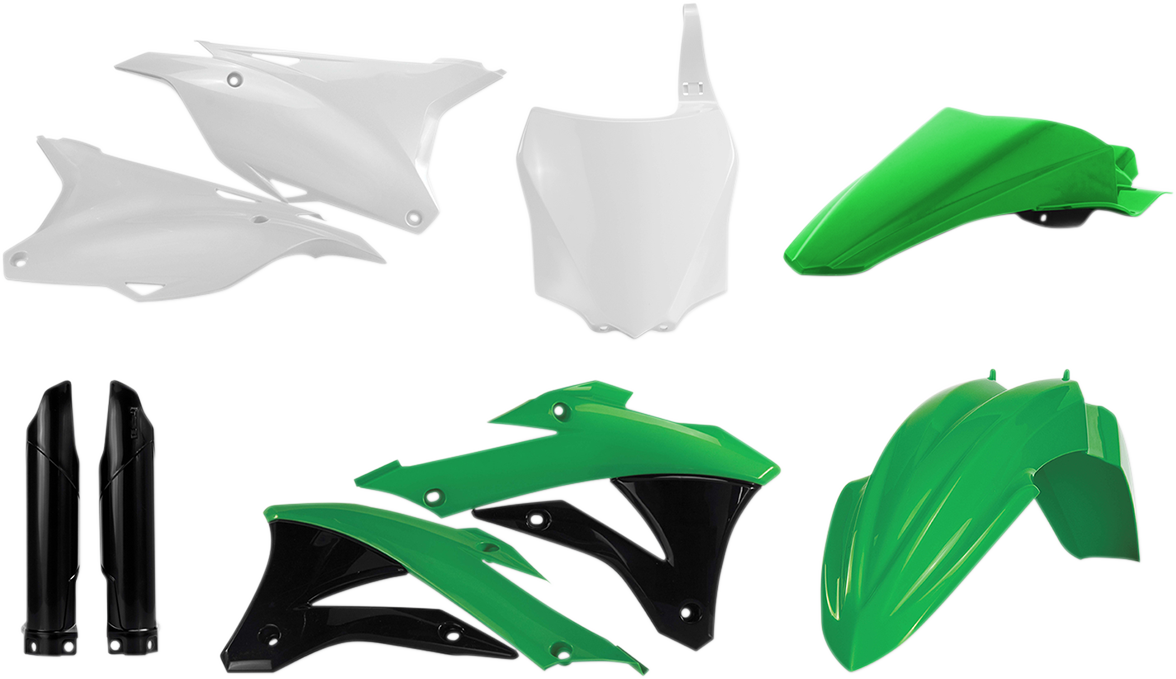 Acerbis full replacement body kit in OEM green, white, and black for motorcycle, showing the assembled body panels.