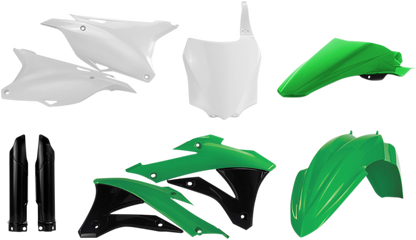 Acerbis full replacement body kit in OEM green, white, and black for motorcycle, showing the assembled body panels.