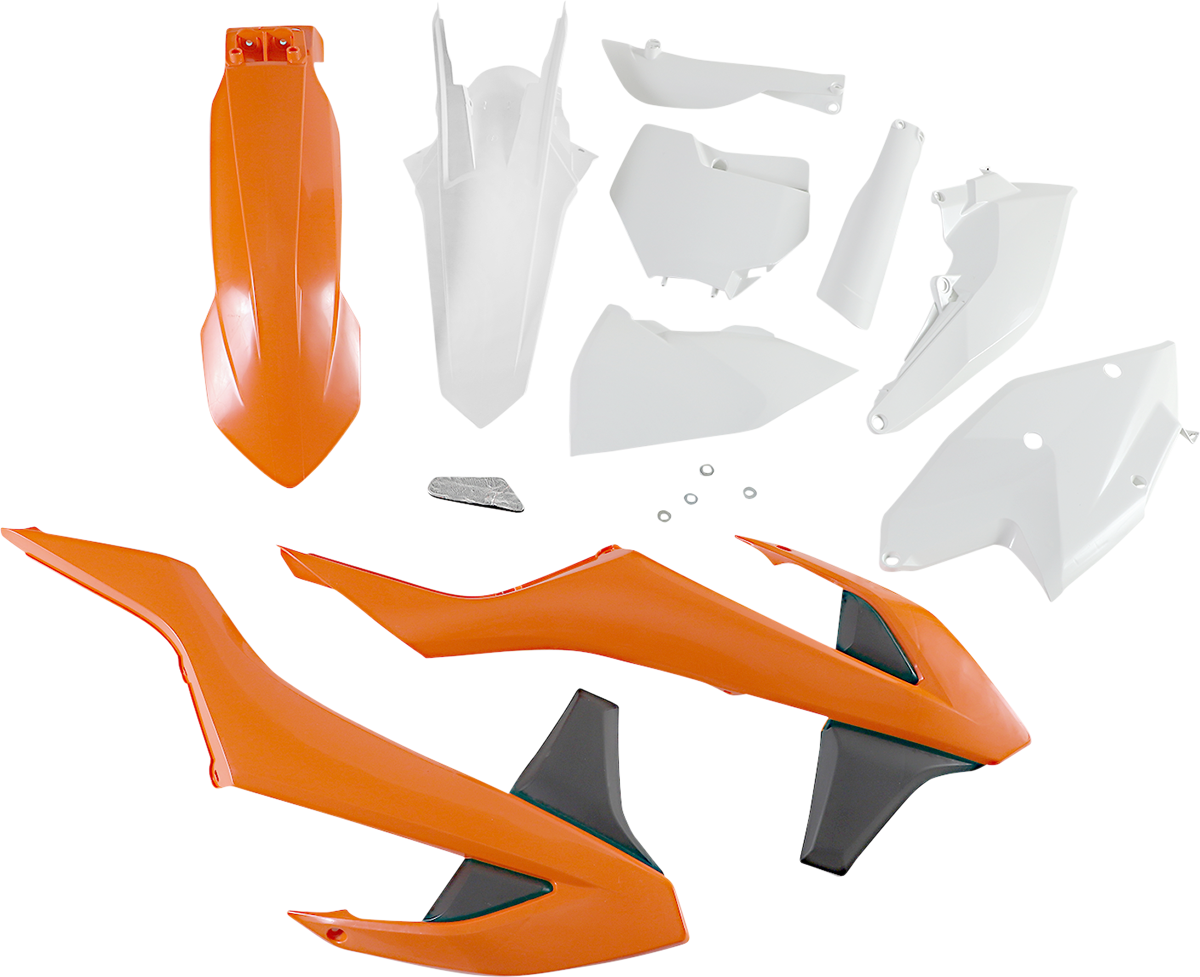 Acerbis full replacement body kit in OEM orange, white, and black for motorcycle, showing detailed panels and design.