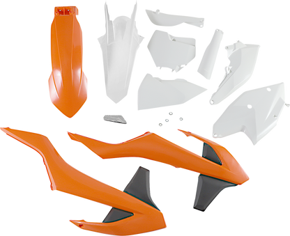 Acerbis full replacement body kit in OEM orange, white, and black for motorcycle, showing detailed panels and design.