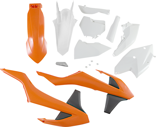 Acerbis full replacement body kit in OEM orange, white, and black for motorcycle, showing detailed panels and design.