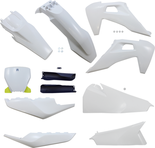 Acerbis full replacement body kit in OEM white for motorcycle, showcasing the streamlined design and fitment details.