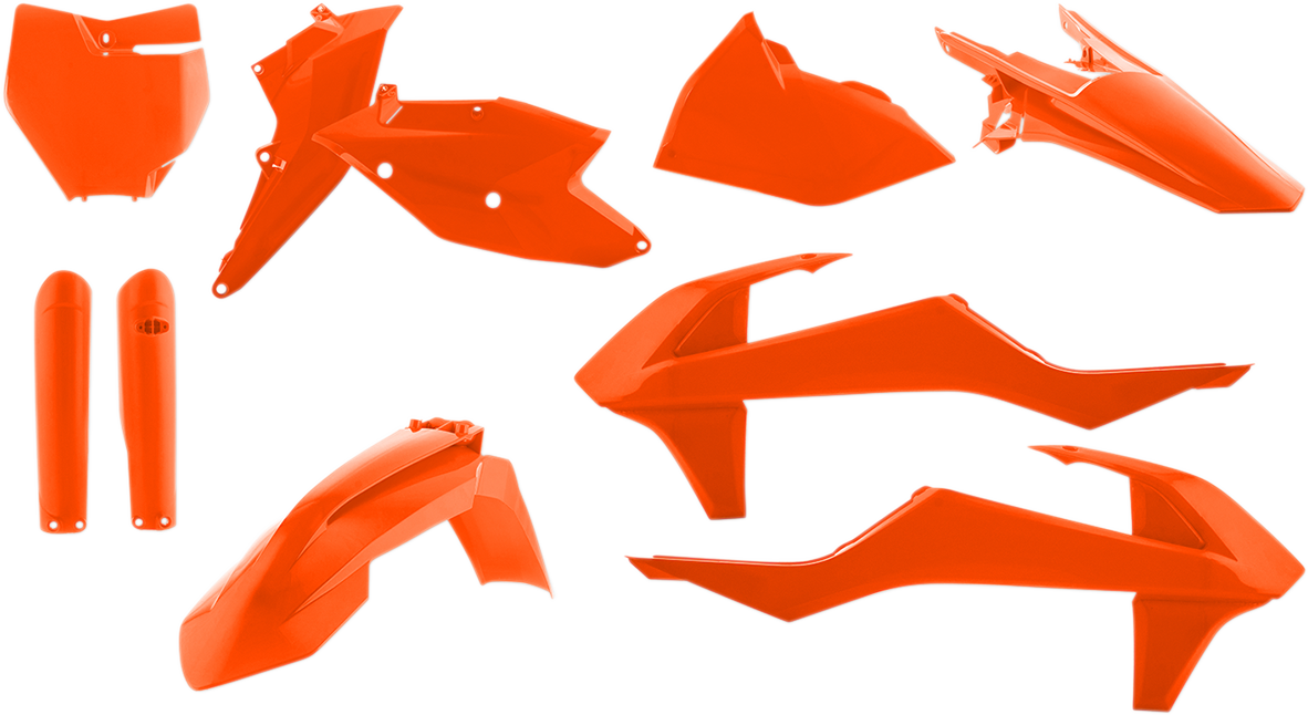 Acerbis full orange replacement body kit for motorcycles, showing the assembled body parts with sleek, vibrant orange finish.