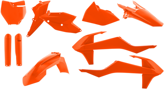 Acerbis full orange replacement body kit for motorcycles, showing the assembled body parts with sleek, vibrant orange finish.