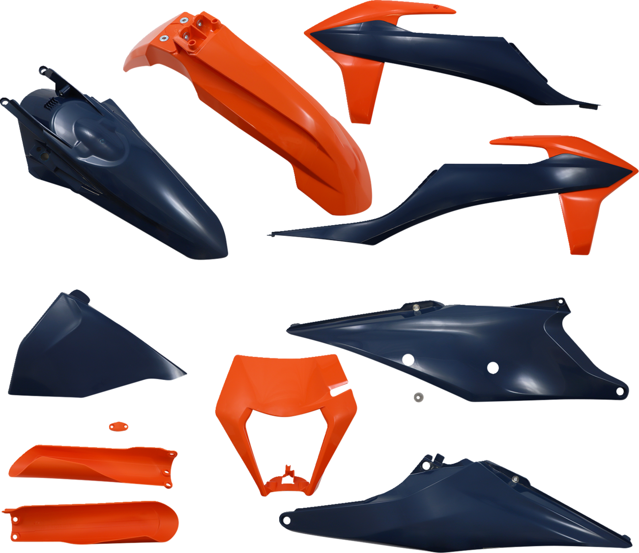 Acerbis full replacement body kit in orange and dark blue, designed for motorcycle body customization, displayed on a white background.