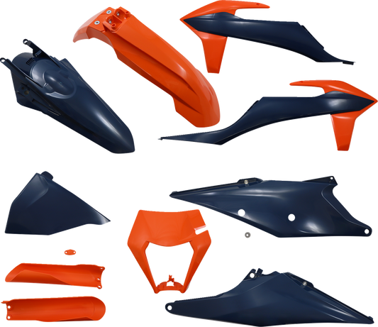 Acerbis full replacement body kit in orange and dark blue, designed for motorcycle body customization, displayed on a white background.