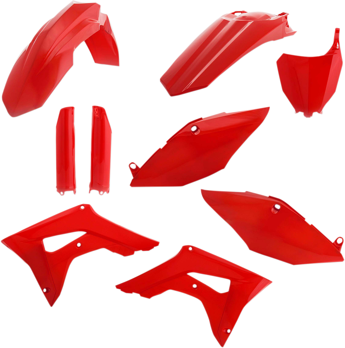 Acerbis full replacement body kit in red for motorcycle, displayed on a white background with detailed design features.