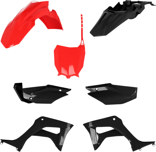Acerbis full replacement body kit in red and black, designed for motorcycle body customization, featuring sleek panels and branding.