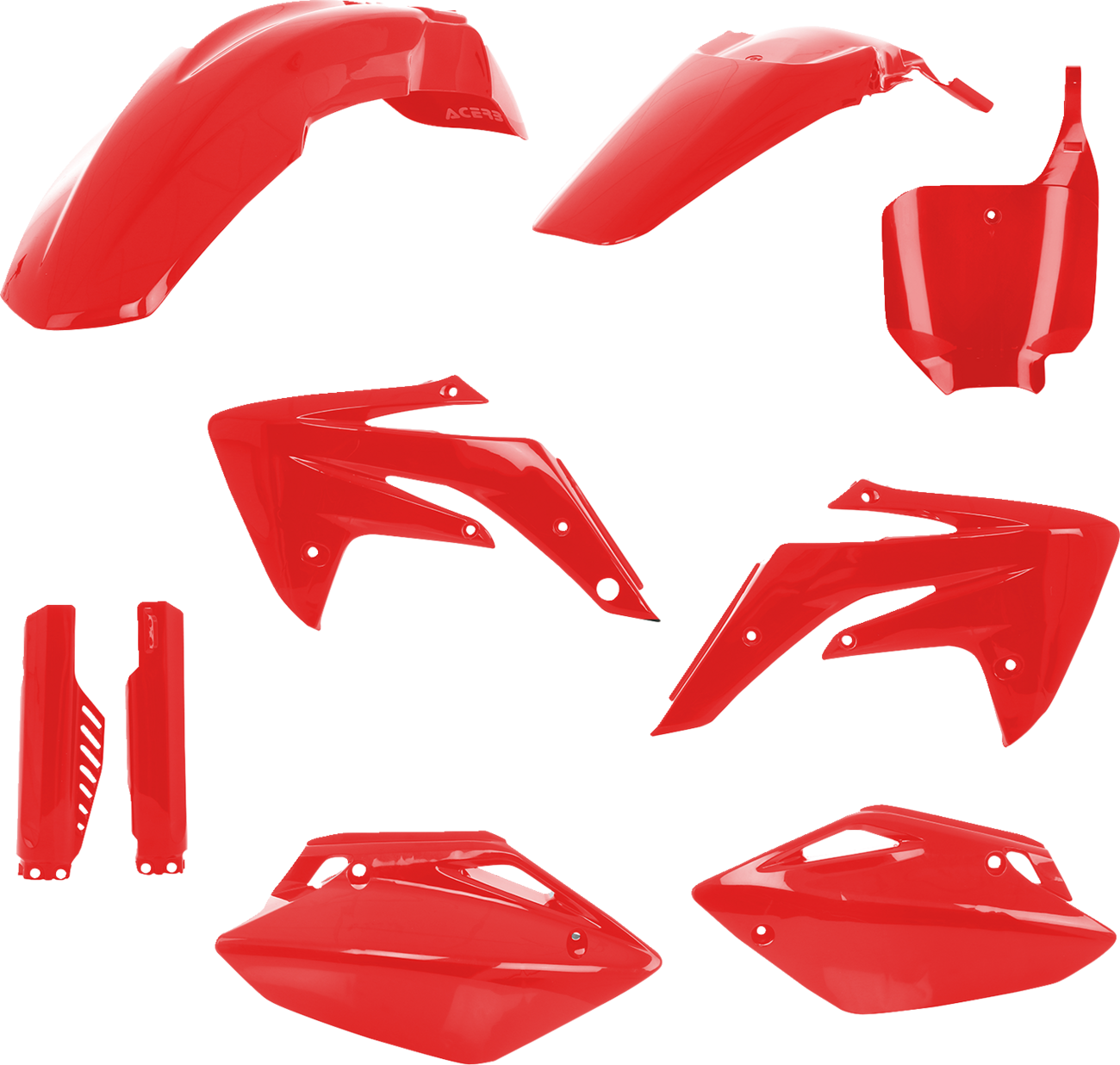 Acerbis full replacement body kit in red for Honda CRF150R 2007-2023, shown on a motorcycle with detailed views of the body panels.