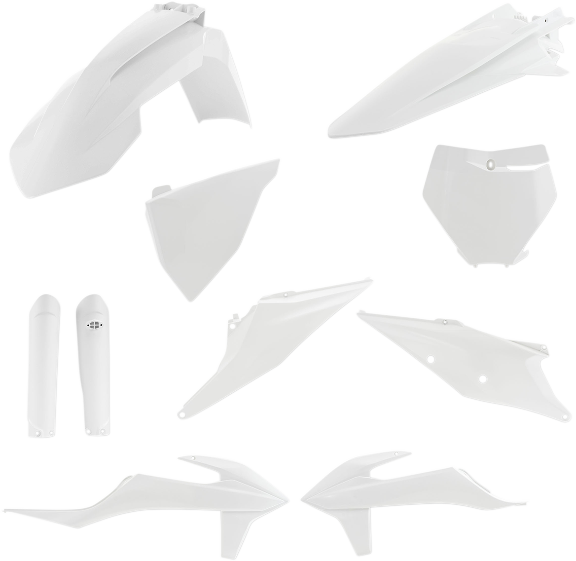 A white Acerbis full replacement body kit for motorcycles, featuring panels and parts laid out on a white background.