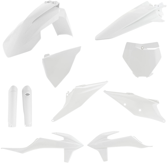 A white Acerbis full replacement body kit for motorcycles, featuring panels and parts laid out on a white background.