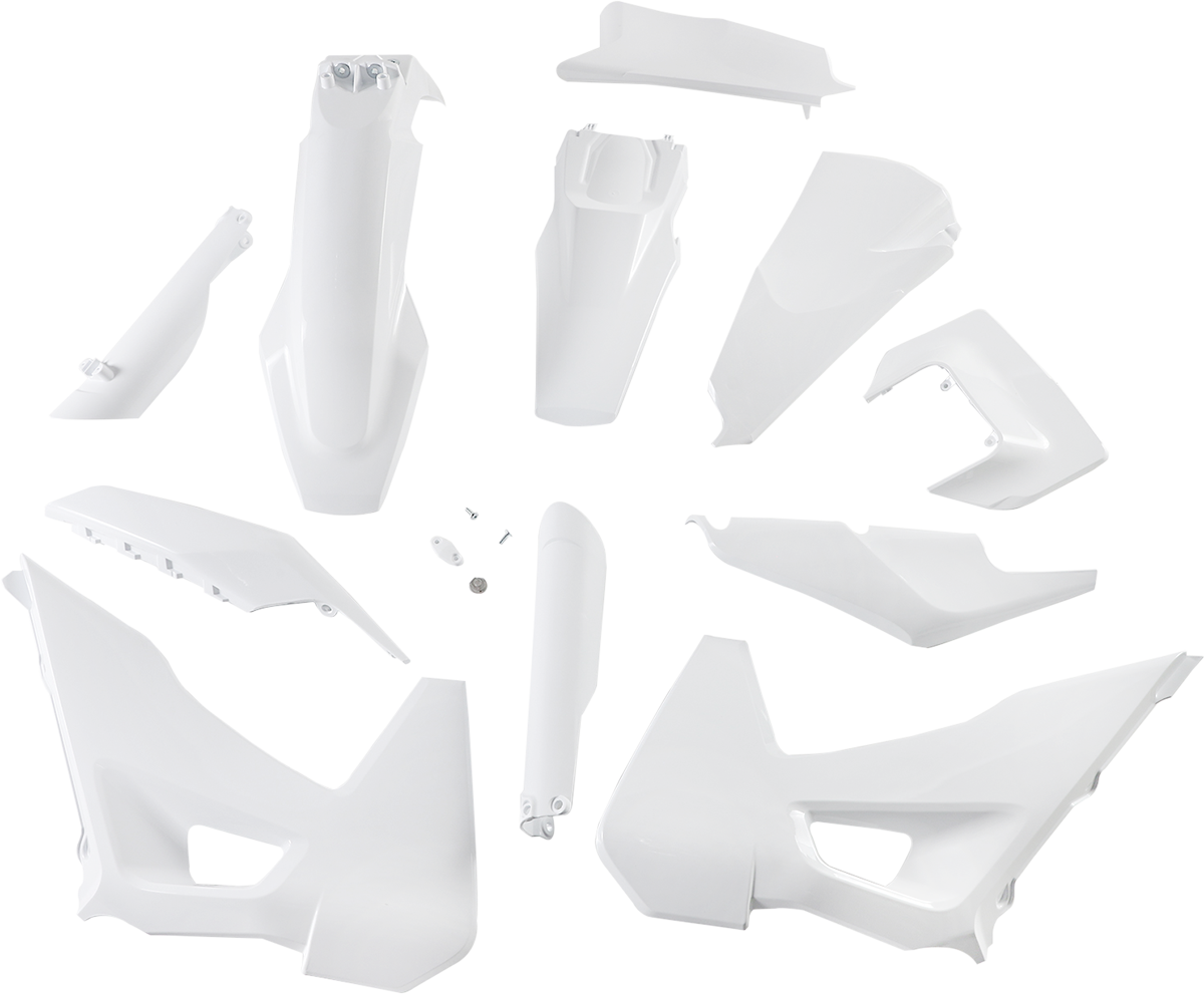 Acerbis white full replacement body kit for motorcycles, featuring sleek design, mounted on a bike frame, labeled with product code 2791536811.