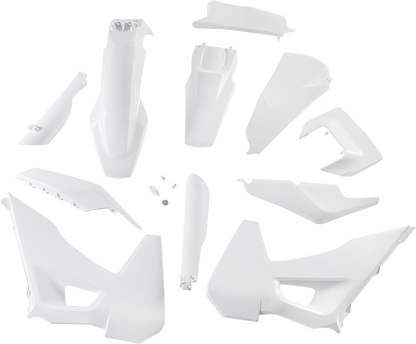 Acerbis white full replacement body kit for motorcycles, featuring sleek design, mounted on a bike frame, labeled with product code 2791536811.