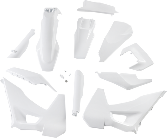 Acerbis white full replacement body kit for motorcycles, featuring sleek design, mounted on a bike frame, labeled with product code 2791536811.