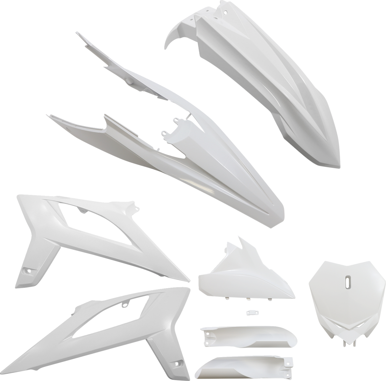 Acerbis full replacement body kit in white for motorcycle, featuring sleek design and durable construction.
