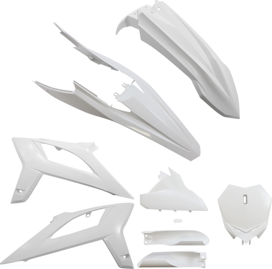 Acerbis full replacement body kit in white for motorcycle, featuring sleek design and durable construction.