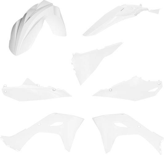 A white Acerbis full replacement body kit for motorcycles, featuring sleek panels and aerodynamic design, displayed on a plain background.