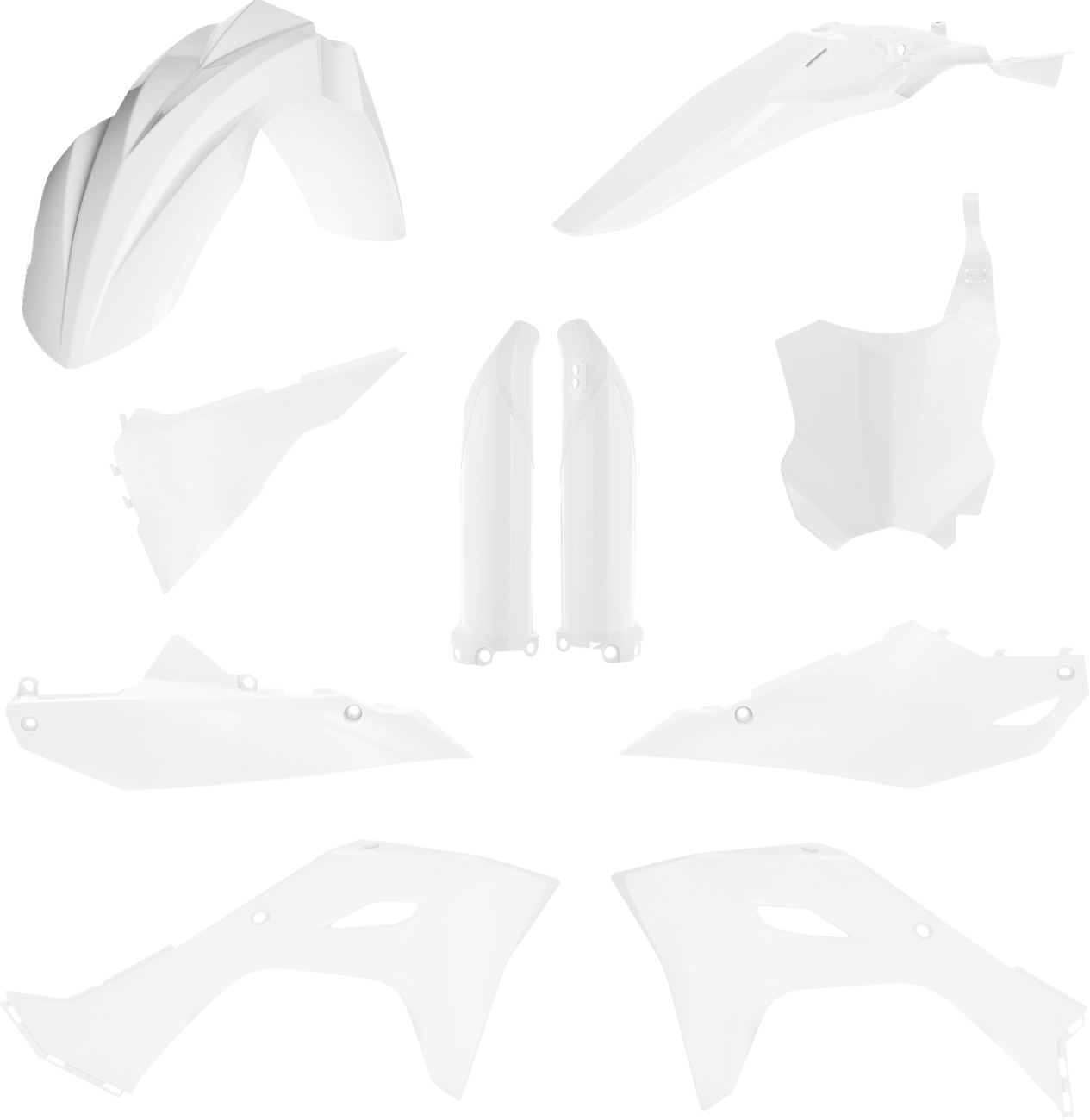 A white ACERBIS full replacement body kit for motorcycles, featuring smooth, contoured body panels with detailed design.