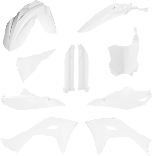 A white ACERBIS full replacement body kit for motorcycles, featuring smooth, contoured body panels with detailed design.