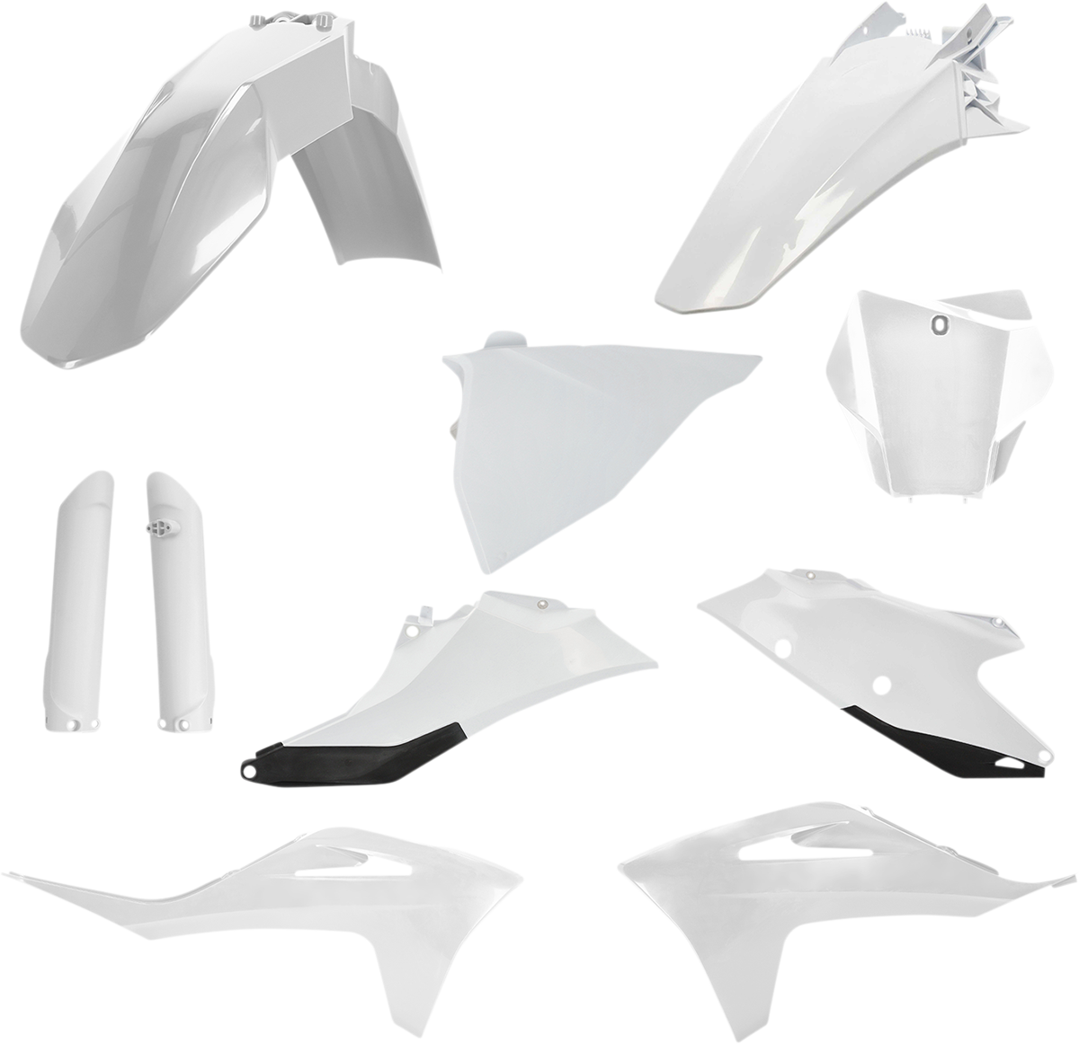 Acerbis full replacement body kit in white and black for motorcycle, featuring sleek design and durable construction.