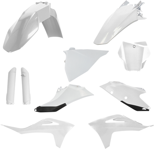 Acerbis full replacement body kit in white and black for motorcycle, featuring sleek design and durable construction.