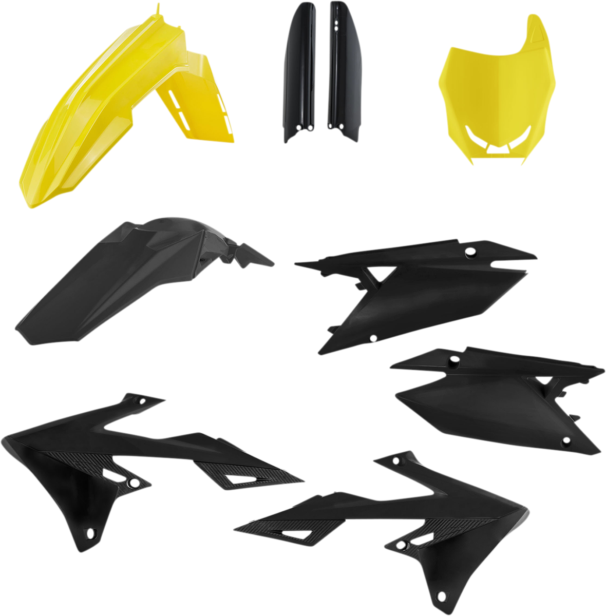 ACERBIS full replacement motorcycle body kit in yellow and black, designed for Bill's Exhausts models, with detailed panels and fairings.