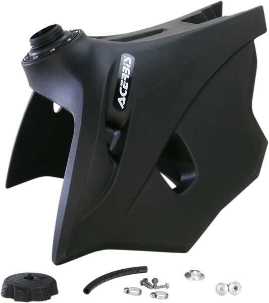 Black ACERBIS gas tank for KTM, 4.1 gallons, compatible with KTM shrouds, designed for motorcycle body replacement.