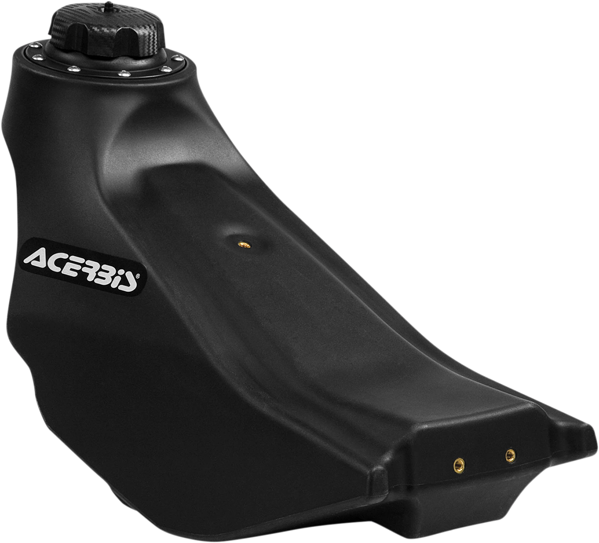 Black Acerbis gas tank for Yamaha motorcycles, 2.3-gallon capacity, shown from the body view.