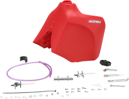 Red Acerbis gas tank for Honda motorcycles, 5.8 gallons, body style, designed for durability and fitment.