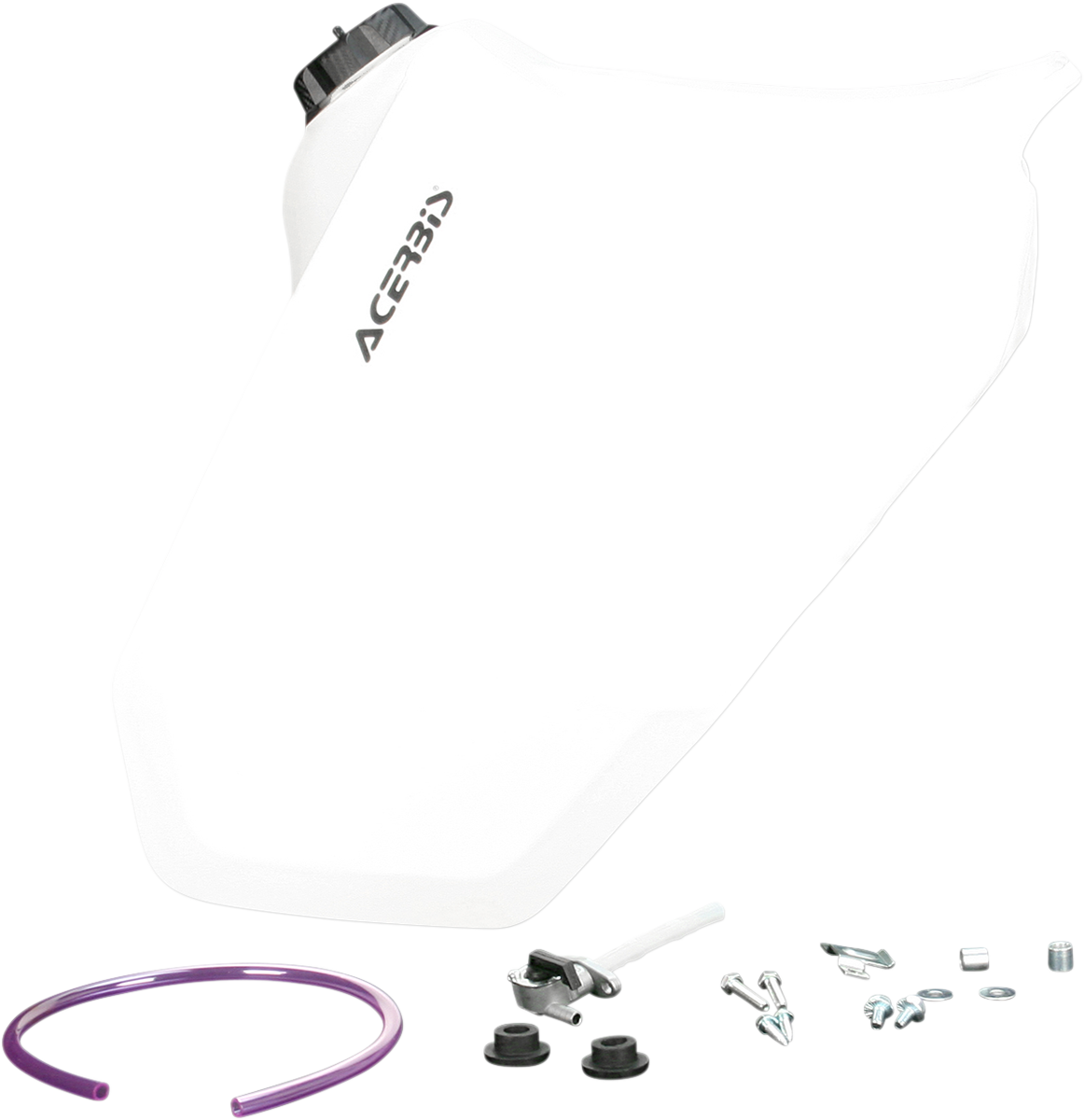 White Acerbis gas tank for Suzuki motorcycles, 6.6-gallon capacity, durable body design, suitable for off-road and street riding.