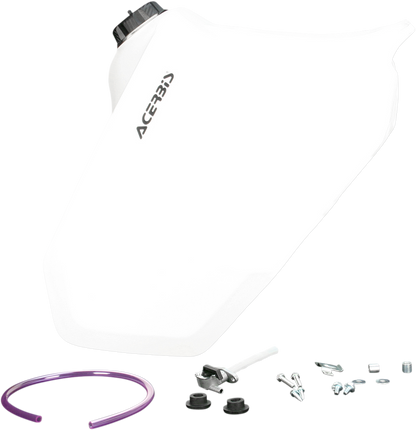 White Acerbis gas tank for Suzuki motorcycles, 6.6-gallon capacity, durable body design, suitable for off-road and street riding.