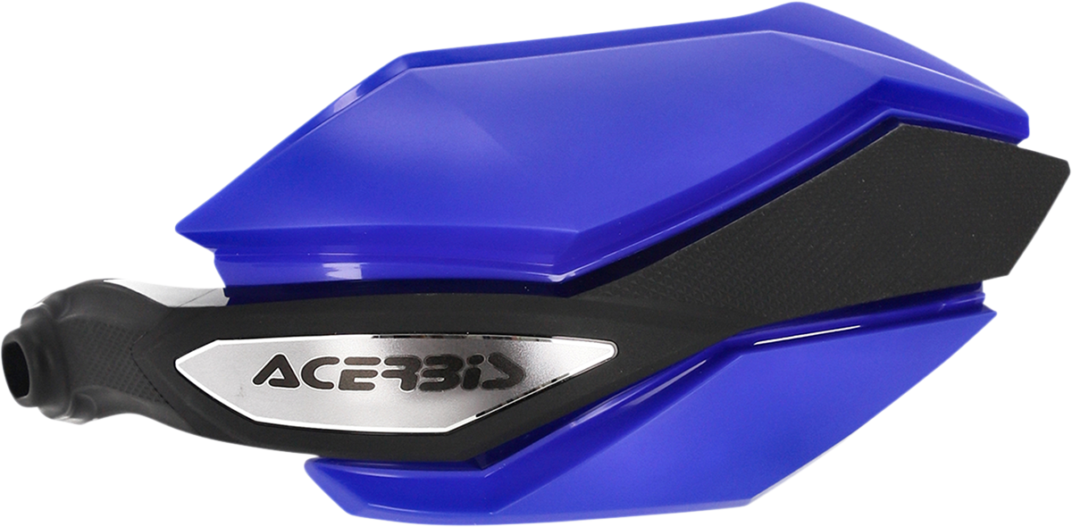 Acerbis Argon blue and black handguards for motorcycle, mounted on handlebars, with protective body and mounting hardware visible.