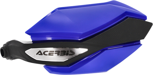 Acerbis Argon blue and black handguards for motorcycle, mounted on handlebars, with protective body and mounting hardware visible.
