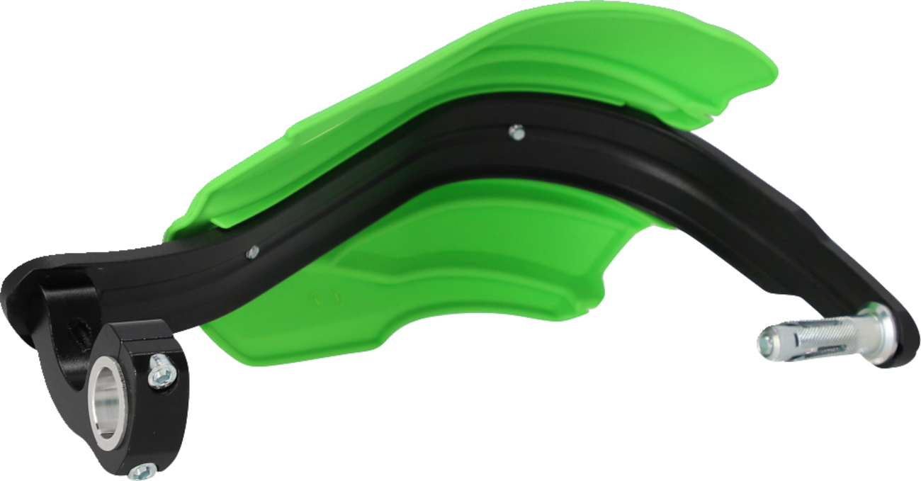 Acerbis Endurance X motorcycle handguards in green and black, mounted on handlebars for protection and style.