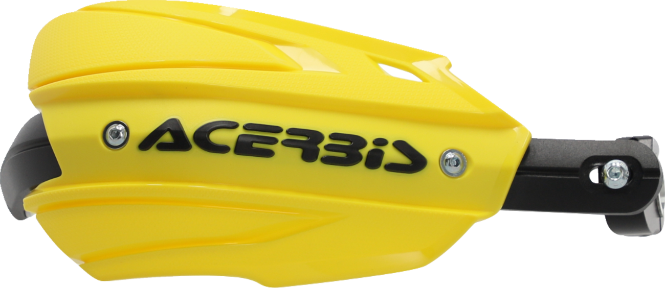 Acerbis Endurance X handguards in yellow and black on a motorcycle, providing protection for handlebars during riding.