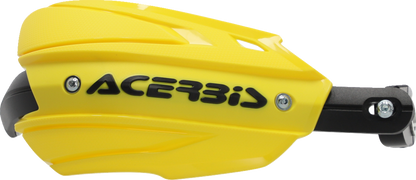 Acerbis Endurance X handguards in yellow and black on a motorcycle, providing protection for handlebars during riding.