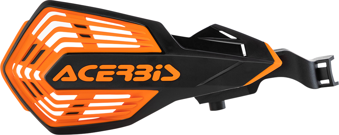 Acerbis K-Future handguards in black and orange mounted on a motorcycle handlebar, providing protection and style.