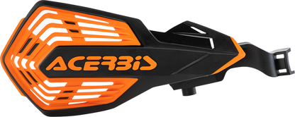 Acerbis K-Future handguards in black and orange mounted on a motorcycle handlebar, providing protection and style.
