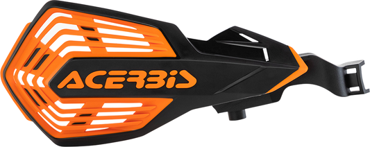 Acerbis K-Future handguards in black and orange mounted on a motorcycle handlebar, providing protection and style.