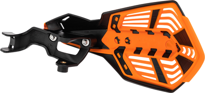Acerbis K-Future handguards in black and orange attached to a motorcycle handlebar for protection.