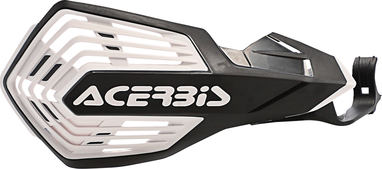 Acerbis K-Future handguards in black and white mounted on motorcycle handlebars, providing protection for riders.