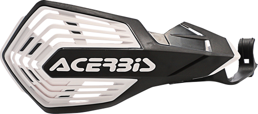 Acerbis K-Future handguards in black and white mounted on motorcycle handlebars, providing protection for riders.