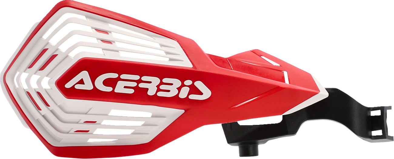 Acerbis K-Future handguards in red and white attached to motorcycle handlebars, offering protection and style.