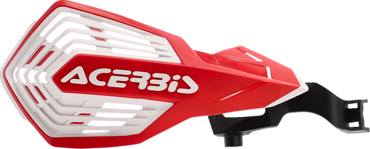 Acerbis K-Future handguards in red and white attached to motorcycle handlebars, offering protection and style.