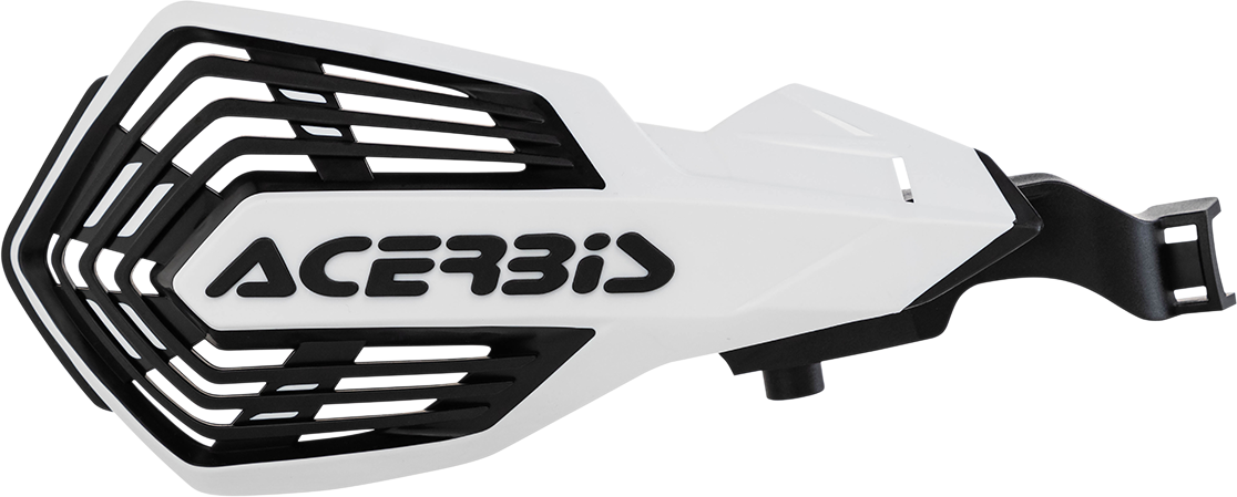 Acerbis K-Future handguards in white and black mounted on a motorcycle handlebar, providing protection for riders.