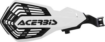 Acerbis K-Future handguards in white and black mounted on a motorcycle handlebar, providing protection for riders.