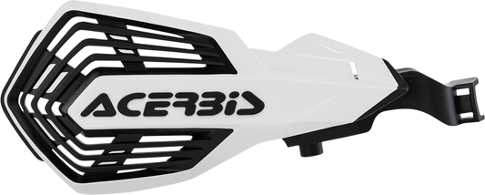 Acerbis K-Future handguards in white and black mounted on a motorcycle handlebar, providing protection for riders.
