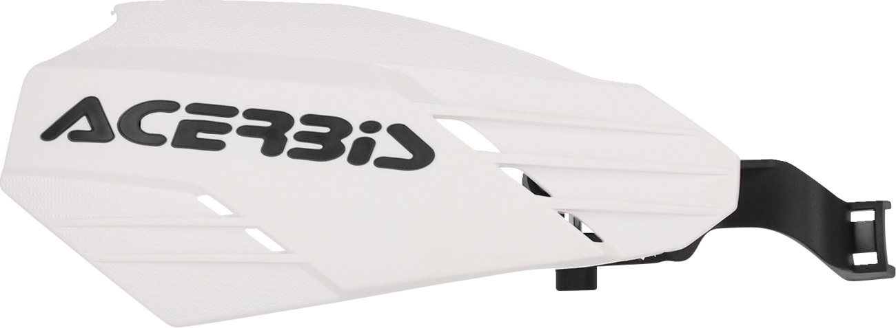 Acerbis K-Linear handguards in black and white attached to a motorcycle handlebar, providing protection for riders.