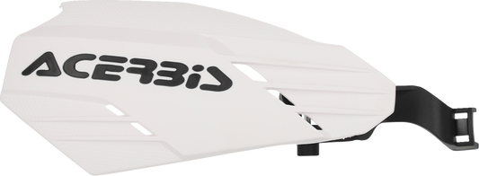 Acerbis K-Linear handguards in black and white attached to a motorcycle handlebar, providing protection for riders.